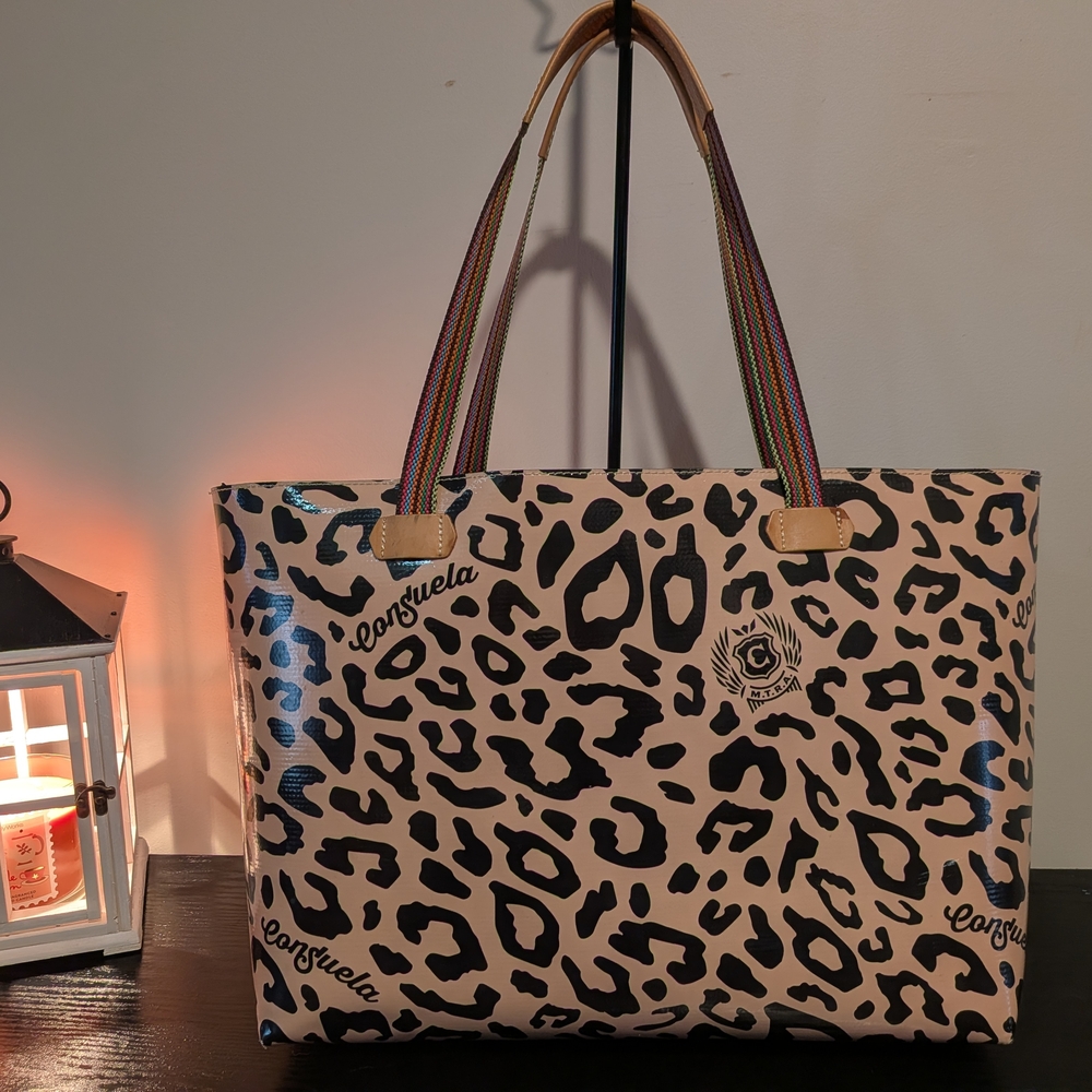 Consuela Big Breezy Leopard Print Tote with Rainbow Straps